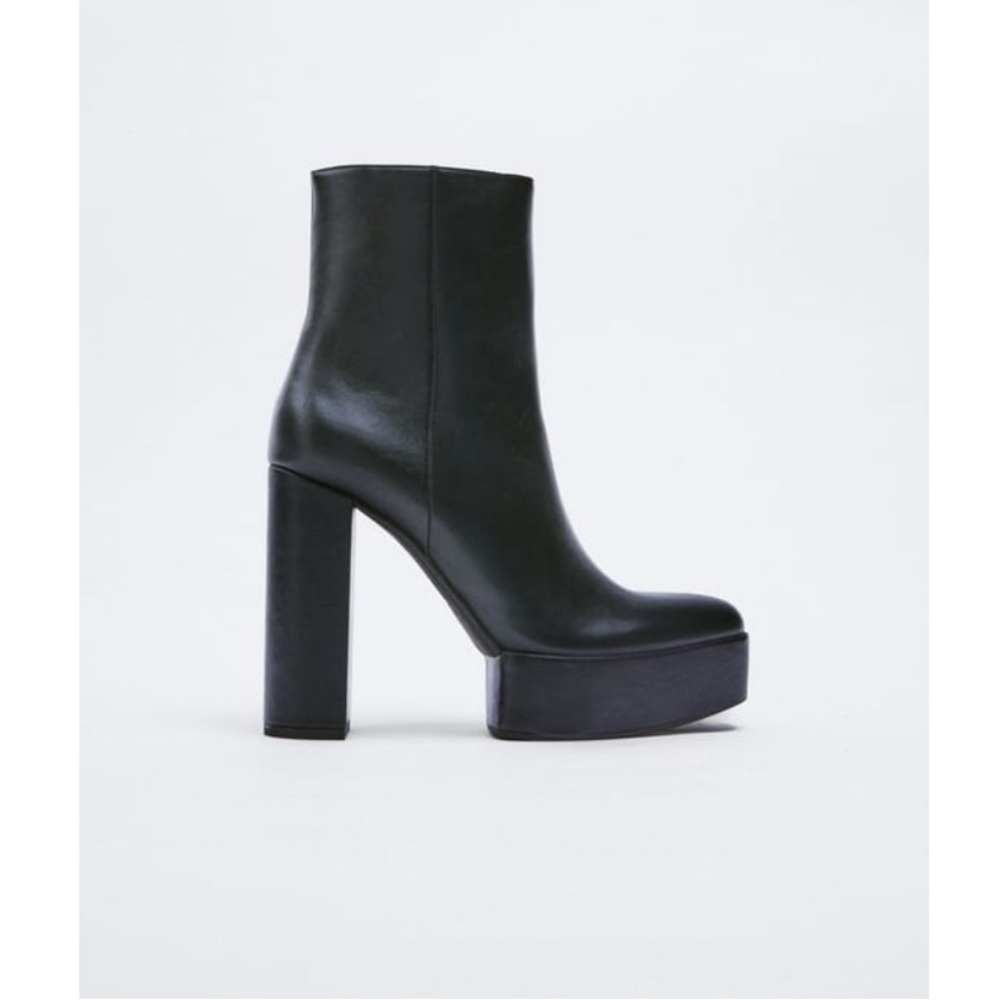 ZARA Black Platform High Heeled Ankle Boots leather zip up w/ bag + box 8 39
